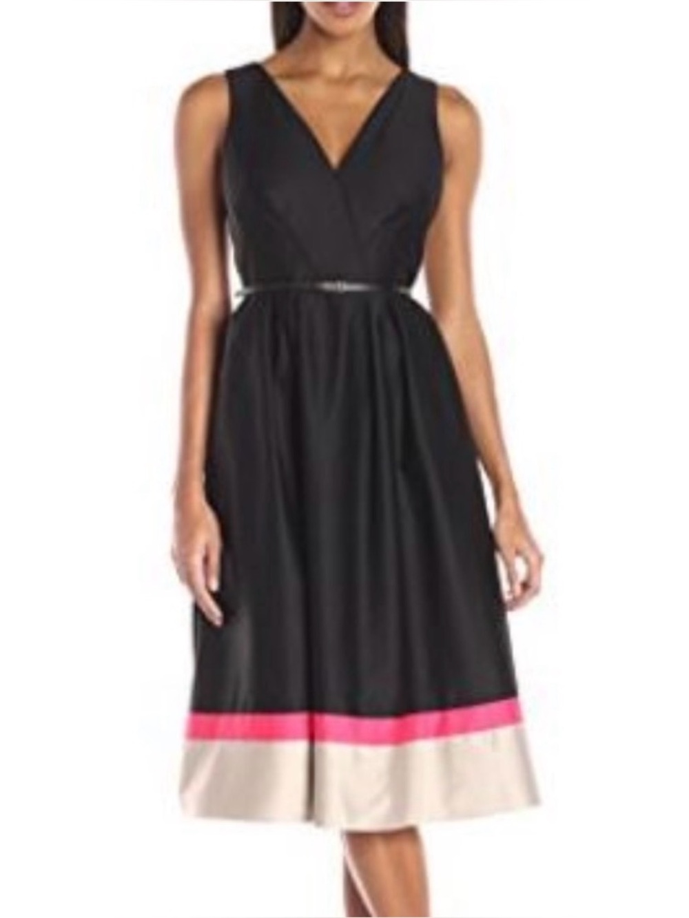 Calvin Klein Size 6 Sleeveless Belted Midi Fit Flare Black Dress Colorblock New